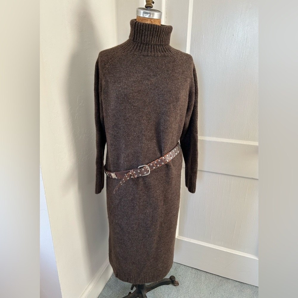 Soft knit sweater dress with ribbed collar, hem,sleeves & hem trim